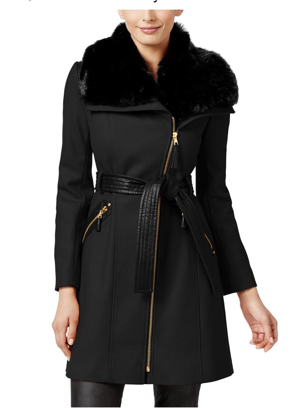 Via Spiga Black Faux-Fur Collar Belted Trench Coat